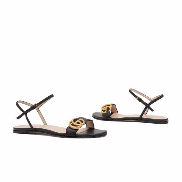 Gucci Shoes - Gucci Black Leather GG Marmont Ankle Strap Flat Sandals Size 35 US 5